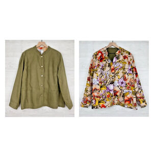 Chico's 100% Linen Jacket Plus Size 20-22‎ Reversible Floral Olive Green Pockets